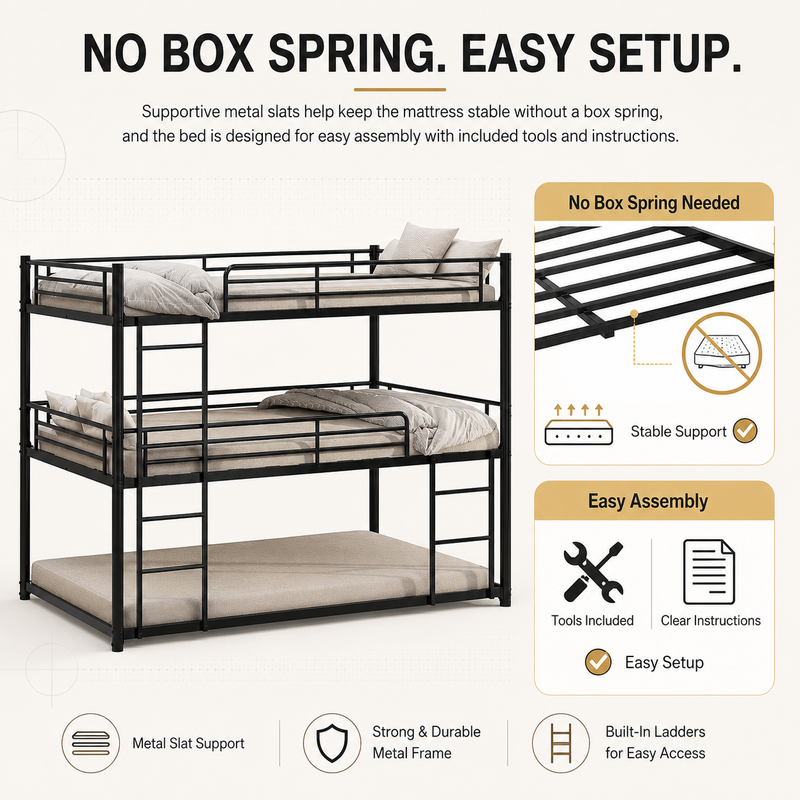 Close-up features of the heavy-duty powder-coated steel bunk bed frame and slats