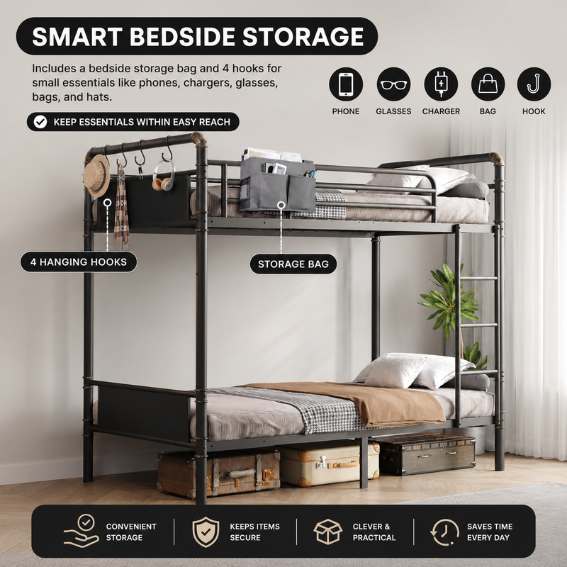 Close-up features of the heavy-duty powder-coated steel bunk bed frame and slats