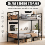 Close-up features of the heavy-duty powder-coated steel bunk bed frame and slats