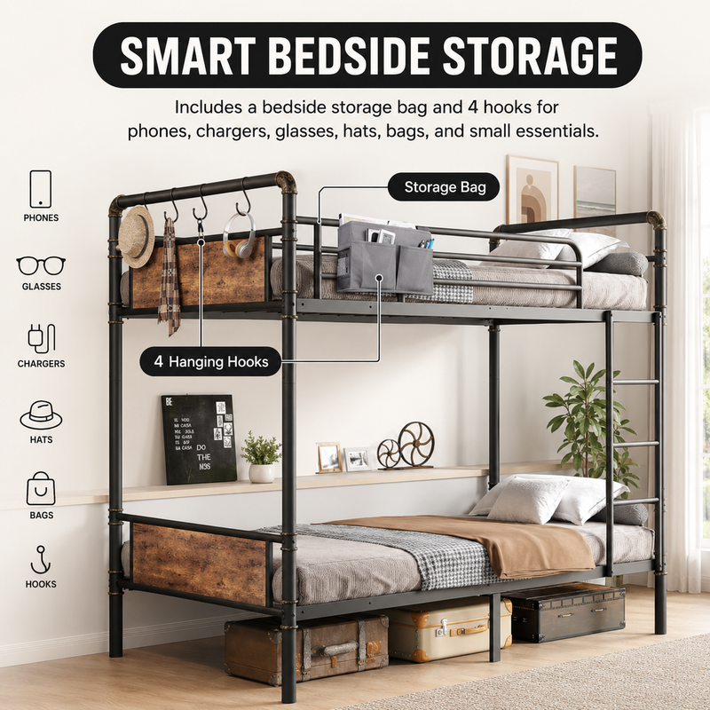 Close-up features of the heavy-duty powder-coated steel bunk bed frame and slats