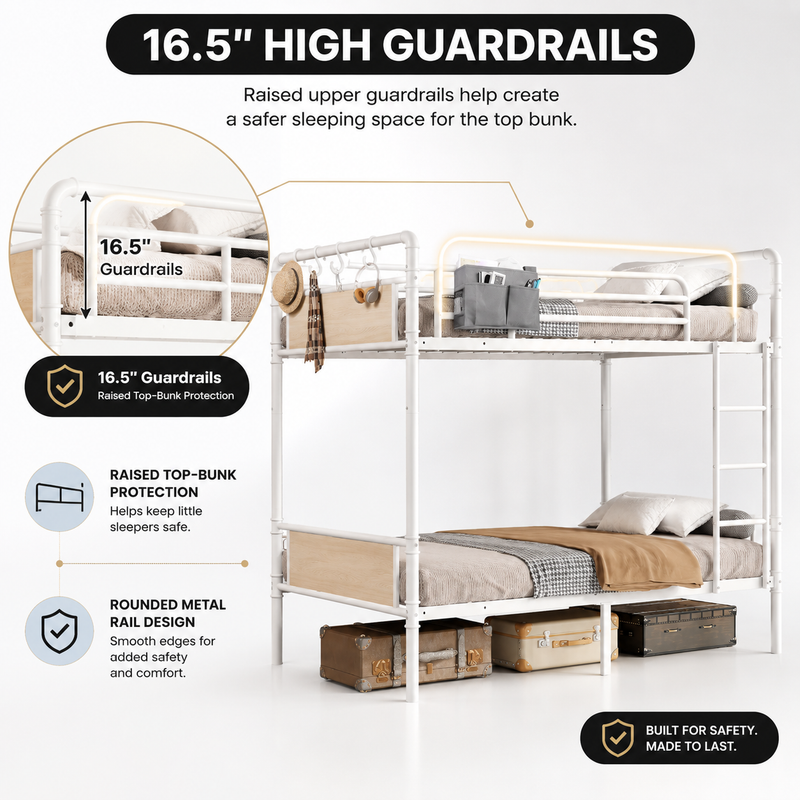 Close-up features of the heavy-duty powder-coated steel bunk bed frame and slats