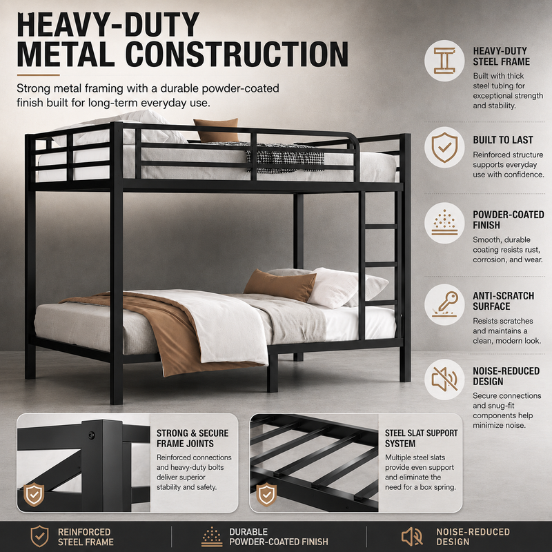 Close-up features of the heavy-duty powder-coated steel bunk bed frame and slats