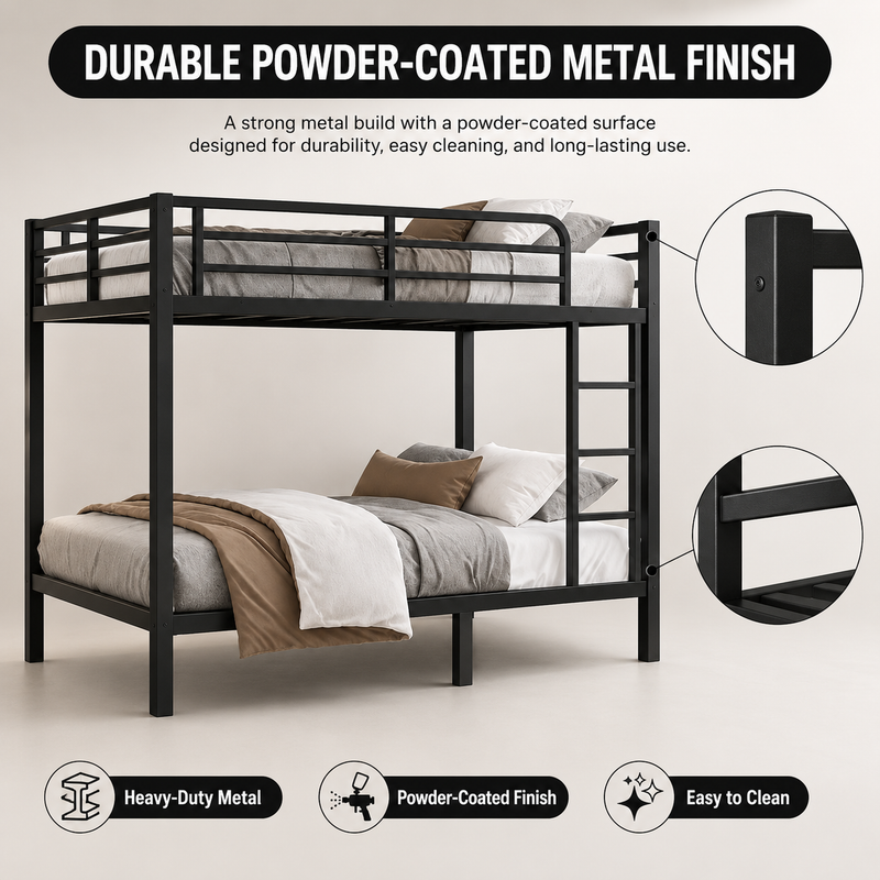 Close-up features of the heavy-duty powder-coated steel bunk bed frame and slats