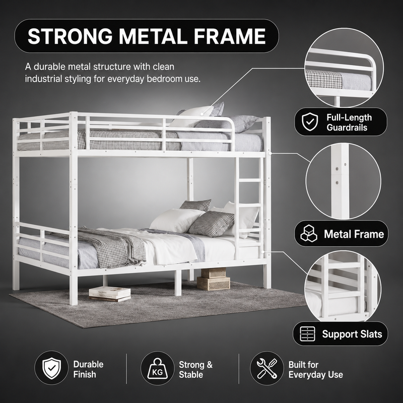 Close-up features of the heavy-duty powder-coated steel bunk bed frame and slats