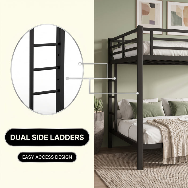 Close-up features of the heavy-duty powder-coated steel bunk bed frame and slats