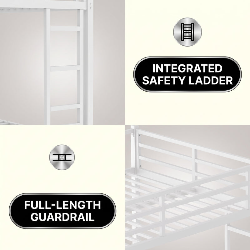Close-up features of the heavy-duty powder-coated steel bunk bed frame and slats