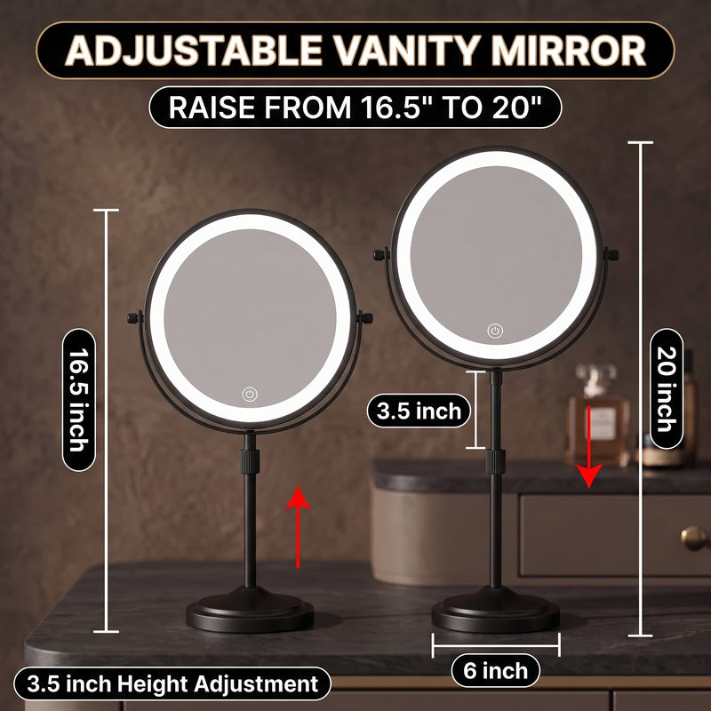 Diagram showing the mirror's height adjusting from 16.5 to 20 inches on a round base