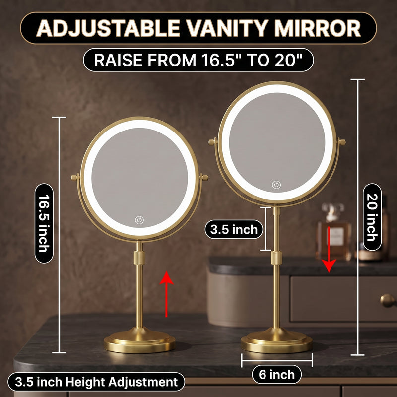 Diagram showing the mirror's height adjusting from 16.5 to 20 inches on a round base
