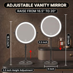 Diagram showing the mirror's height adjusting from 16.5 to 20 inches on a round base