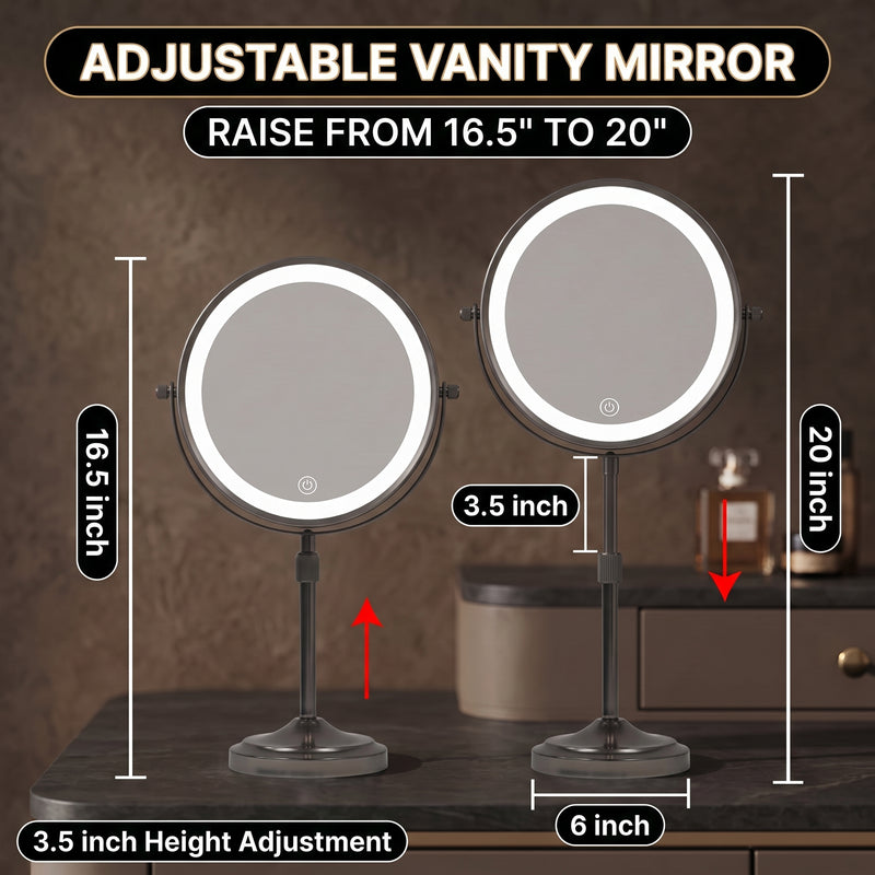 Diagram showing the mirror's height adjusting from 16.5 to 20 inches on a round base
