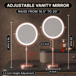 Diagram showing the mirror's height adjusting from 16.5 to 20 inches on a round base
