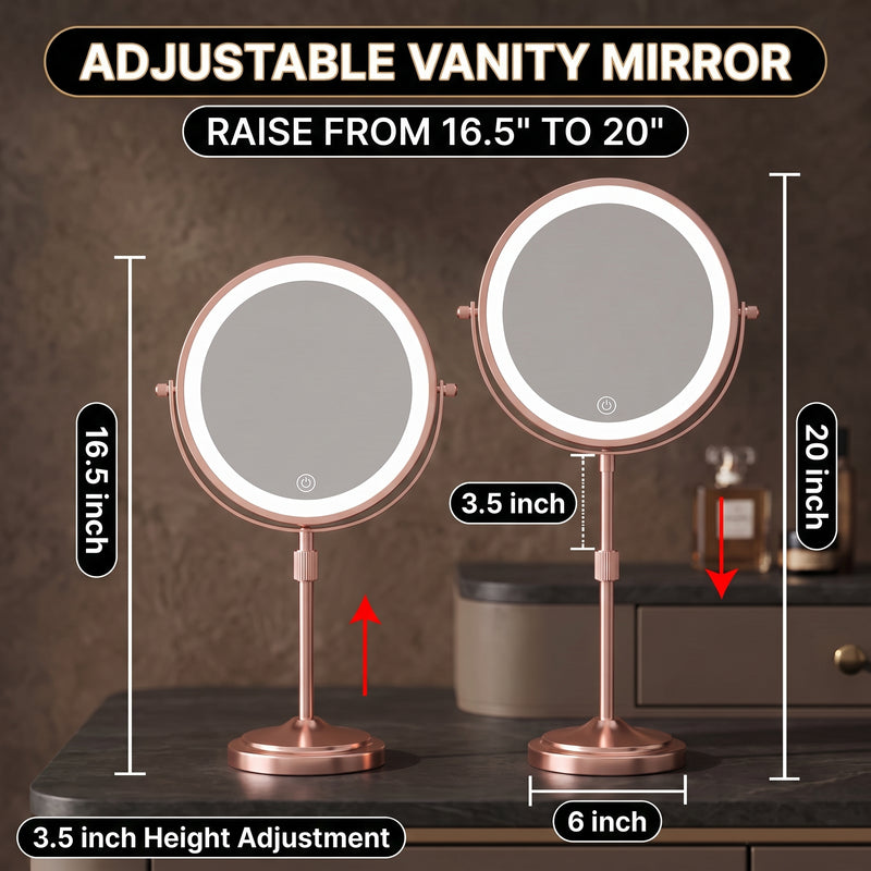 Diagram showing the mirror's height adjusting from 16.5 to 20 inches on a round base