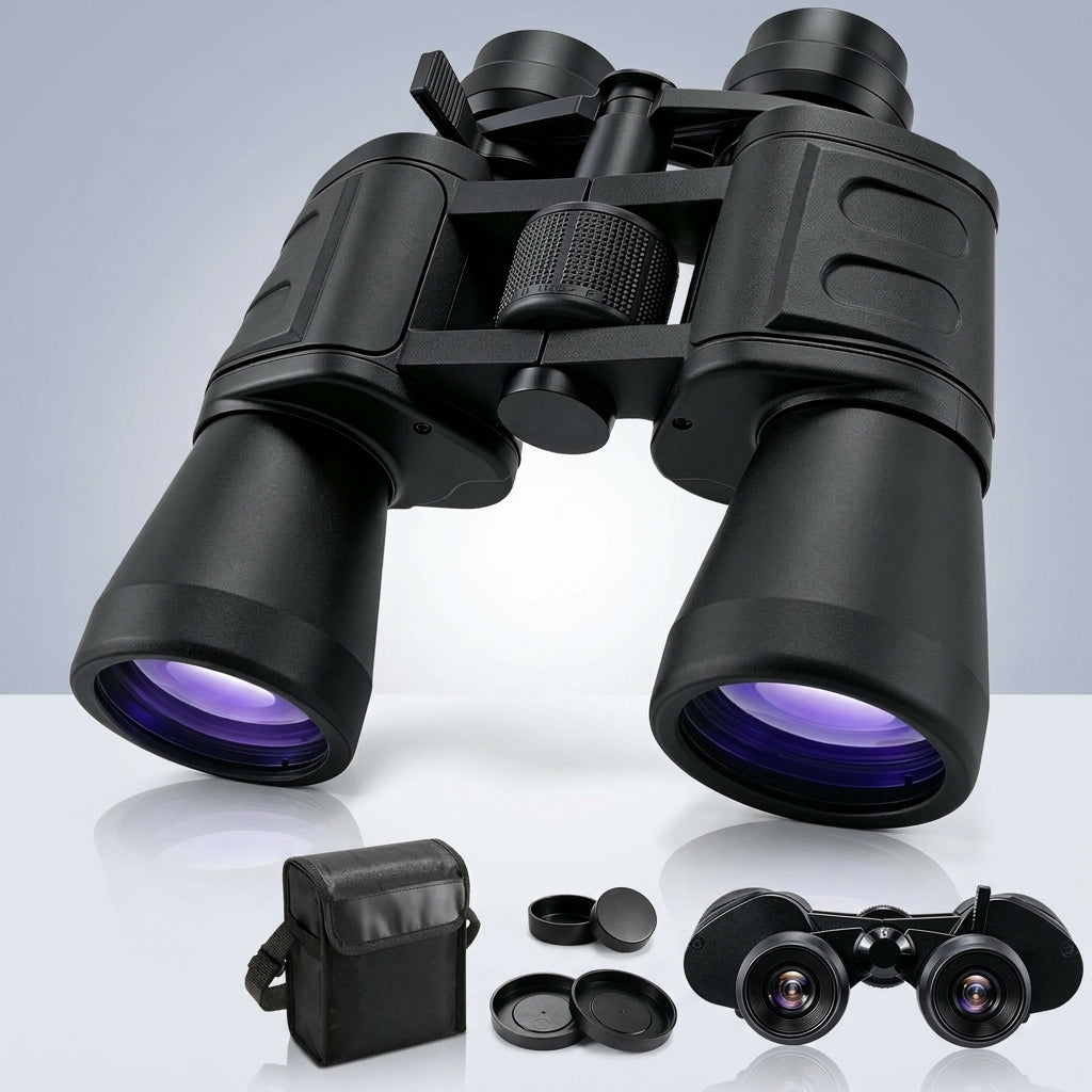 High-powered binoculars with night vision, black, shown with carrying case and lens caps