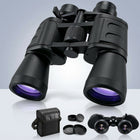 High-powered binoculars with night vision, black, shown with carrying case and lens caps