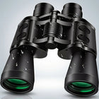 High-powered binoculars with night vision, black, shown with carrying case and lens caps
