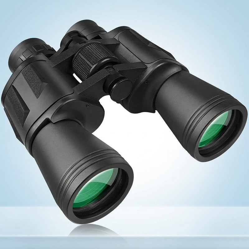 High-powered binoculars with night vision, black, shown with carrying case and lens caps