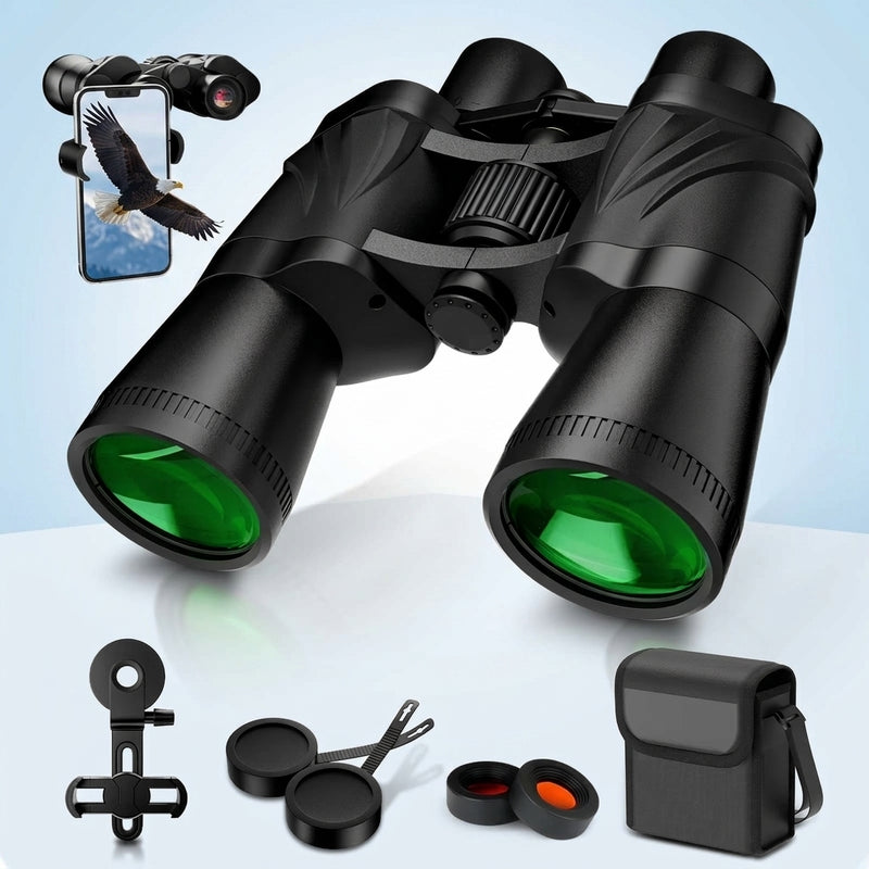 High-powered binoculars with night vision, black, shown with carrying case and lens caps