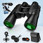 High-powered binoculars with night vision, black, shown with carrying case and lens caps