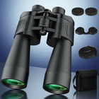 High-powered binoculars with night vision, black, shown with carrying case and lens caps