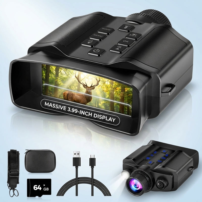 High-powered binoculars with night vision, black, shown with carrying case and lens caps