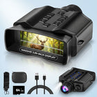 High-powered binoculars with night vision, black, shown with carrying case and lens caps