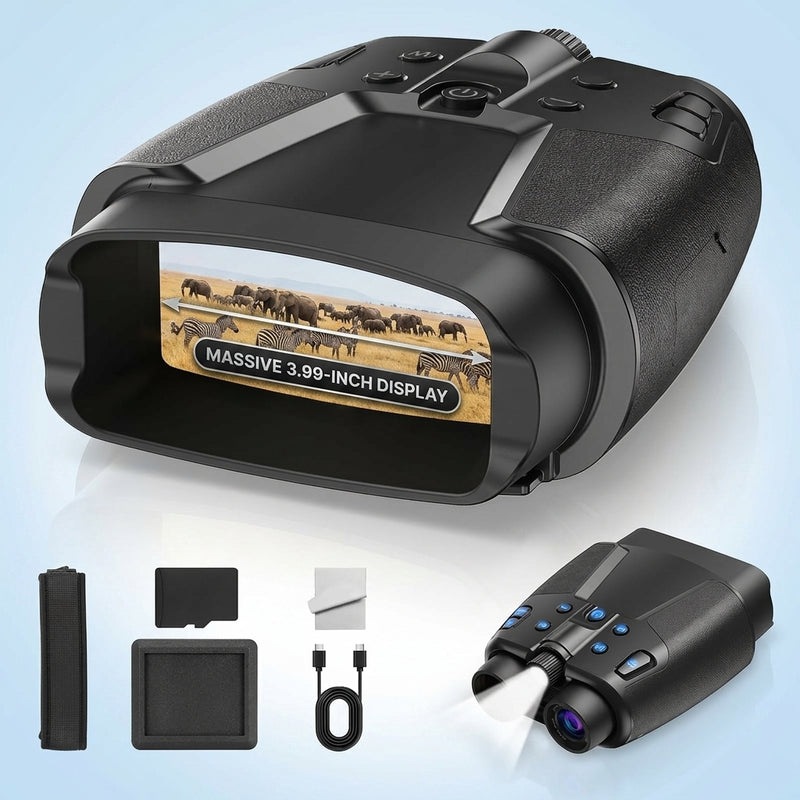High-powered binoculars with night vision, black, shown with carrying case and lens caps