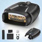 High-powered binoculars with night vision, black, shown with carrying case and lens caps