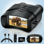 High-powered binoculars with night vision, black, shown with carrying case and lens caps