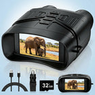 High-powered binoculars with night vision, black, shown with carrying case and lens caps