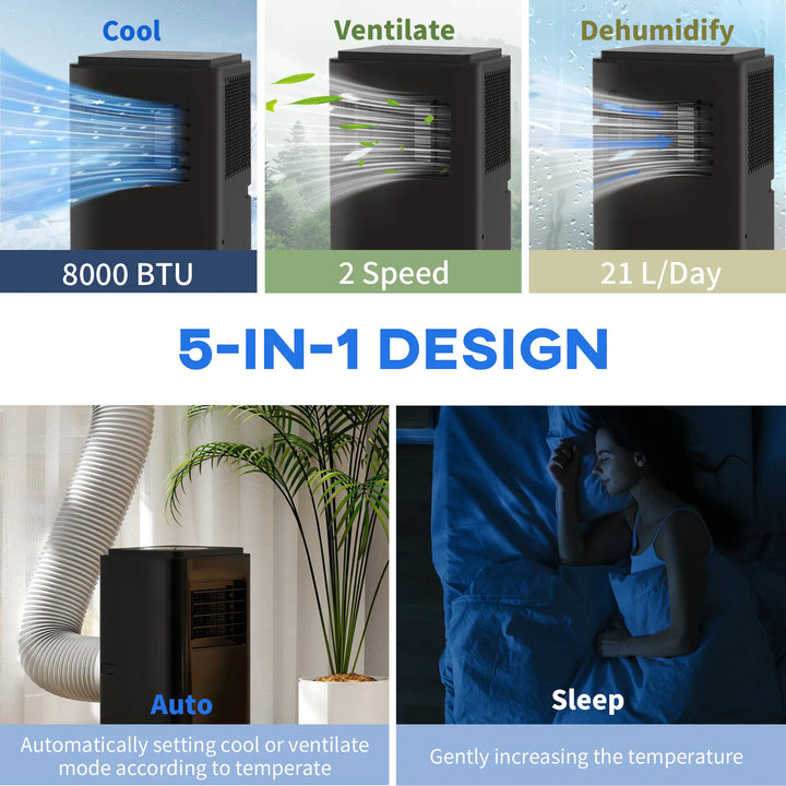 HOMCOM 10000 BTU Portable Air Conditioner, Efficient Cooling for 440 Sq Ft, Dehumidifier, Fan, 24H Timer, Black