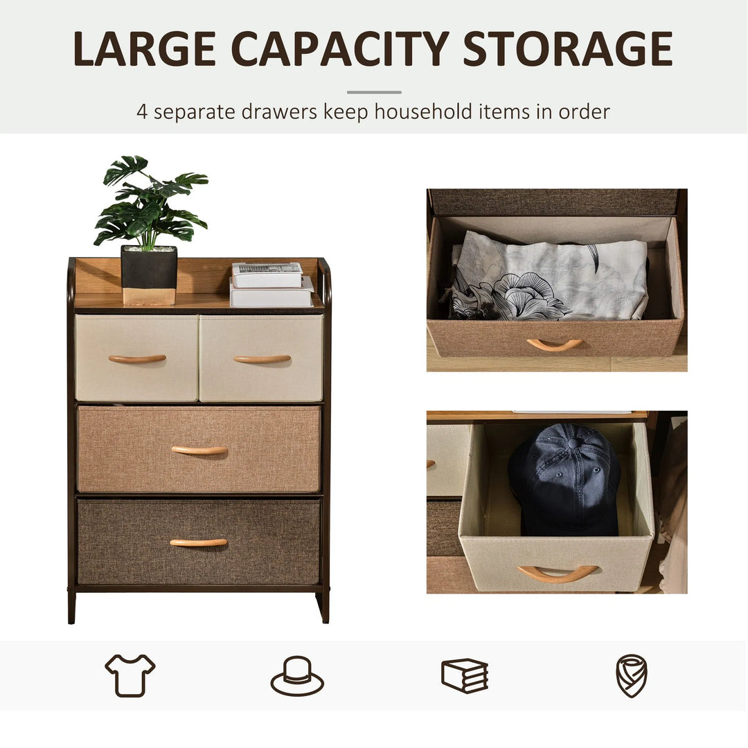 HOMCOM 4-Bin Dresser Storage Tower Cabinet Organizer Unit, Chest Dresser Drawers with Metal Frame for Bedroom, Multicoloured