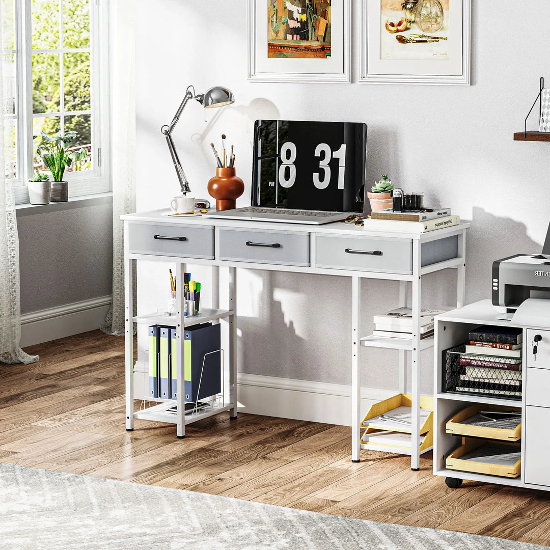 HOMCOM 47" Small Computer Desk, Writing Desk with Fabric Drawers, Home Office Desk with Adjustable Shelves, White