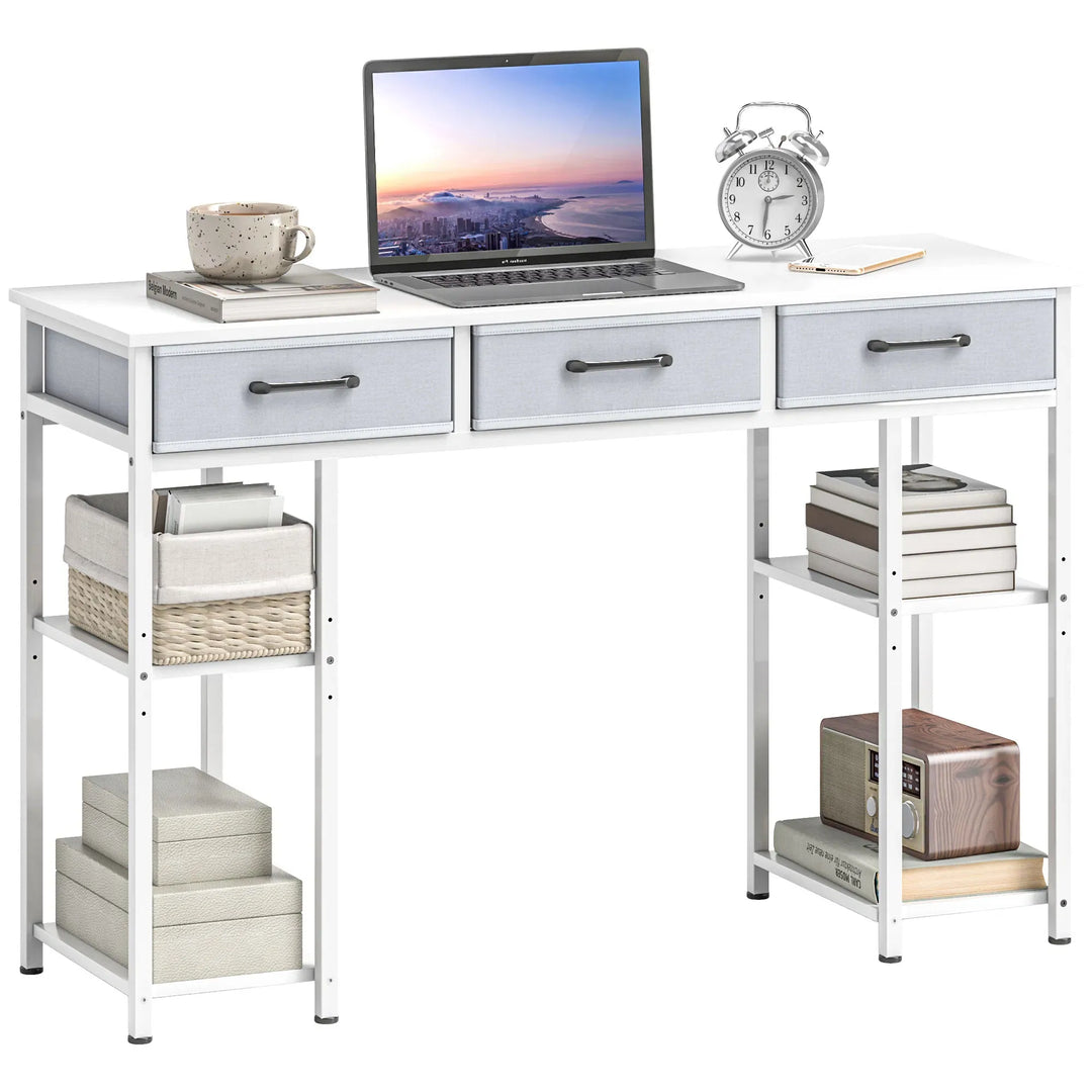 HOMCOM 47" Small Computer Desk, Writing Desk with Fabric Drawers, Home Office Desk with Adjustable Shelves, White