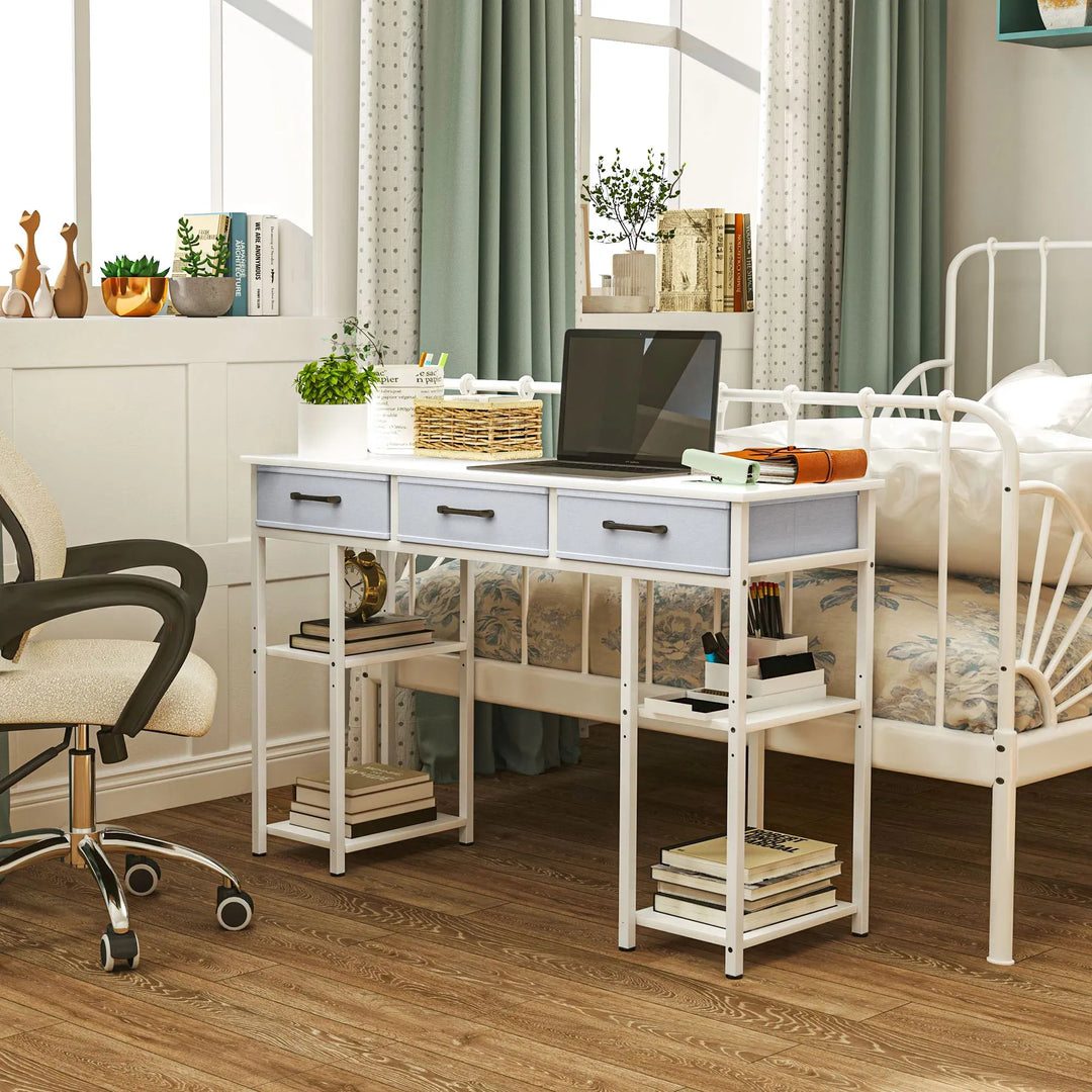 HOMCOM 47" Small Computer Desk, Writing Desk with Fabric Drawers, Home Office Desk with Adjustable Shelves, White