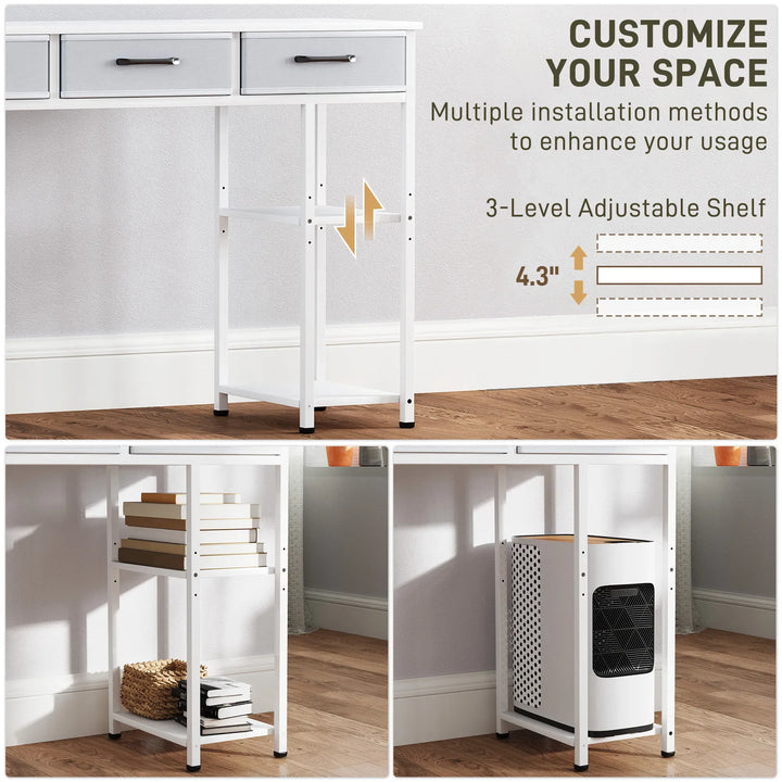 HOMCOM 47" Small Computer Desk, Writing Desk with Fabric Drawers, Home Office Desk with Adjustable Shelves, White