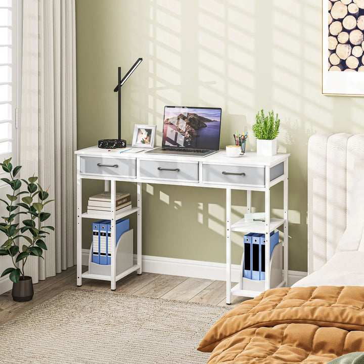 HOMCOM 47" Small Computer Desk, Writing Desk with Fabric Drawers, Home Office Desk with Adjustable Shelves, White