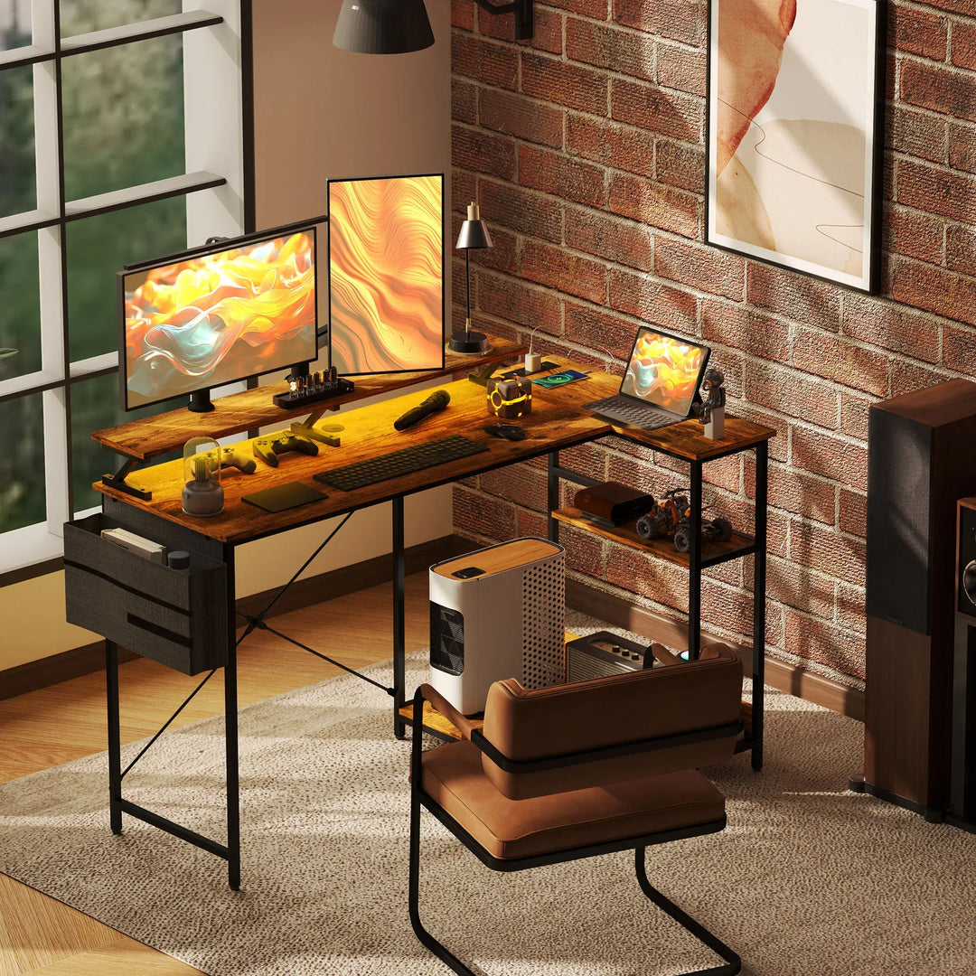 HOMCOM 58" Reversible L Shaped Computer Desk, Corner Desk with Monitor Stand, Power Outlets and LED Lights, Rustic Brown