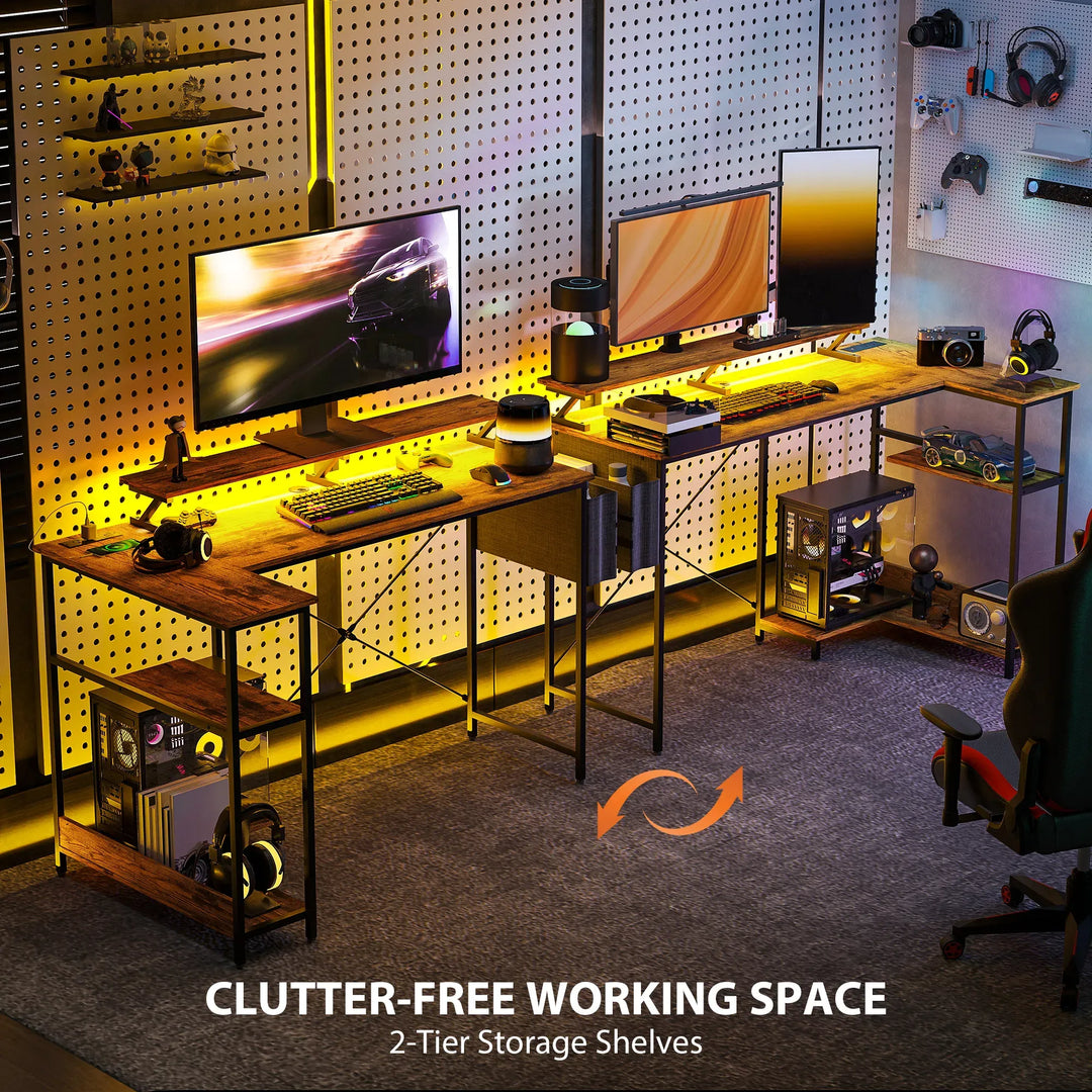 HOMCOM 58" Reversible L Shaped Computer Desk, Corner Desk with Monitor Stand, Power Outlets and LED Lights, Rustic Brown