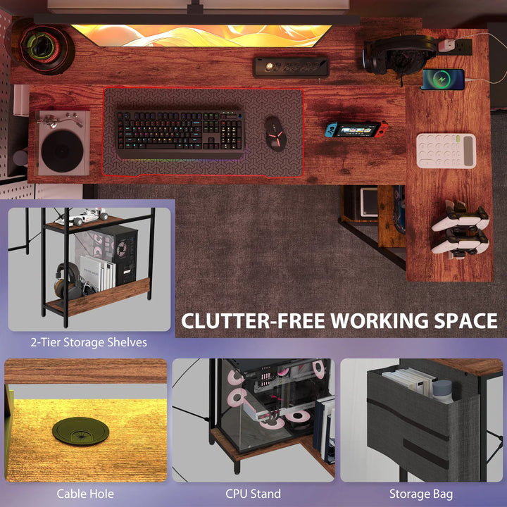 HOMCOM 58" Reversible L Shaped Computer Desk, Corner Desk with Monitor Stand, Power Outlets and LED Lights, Rustic Brown