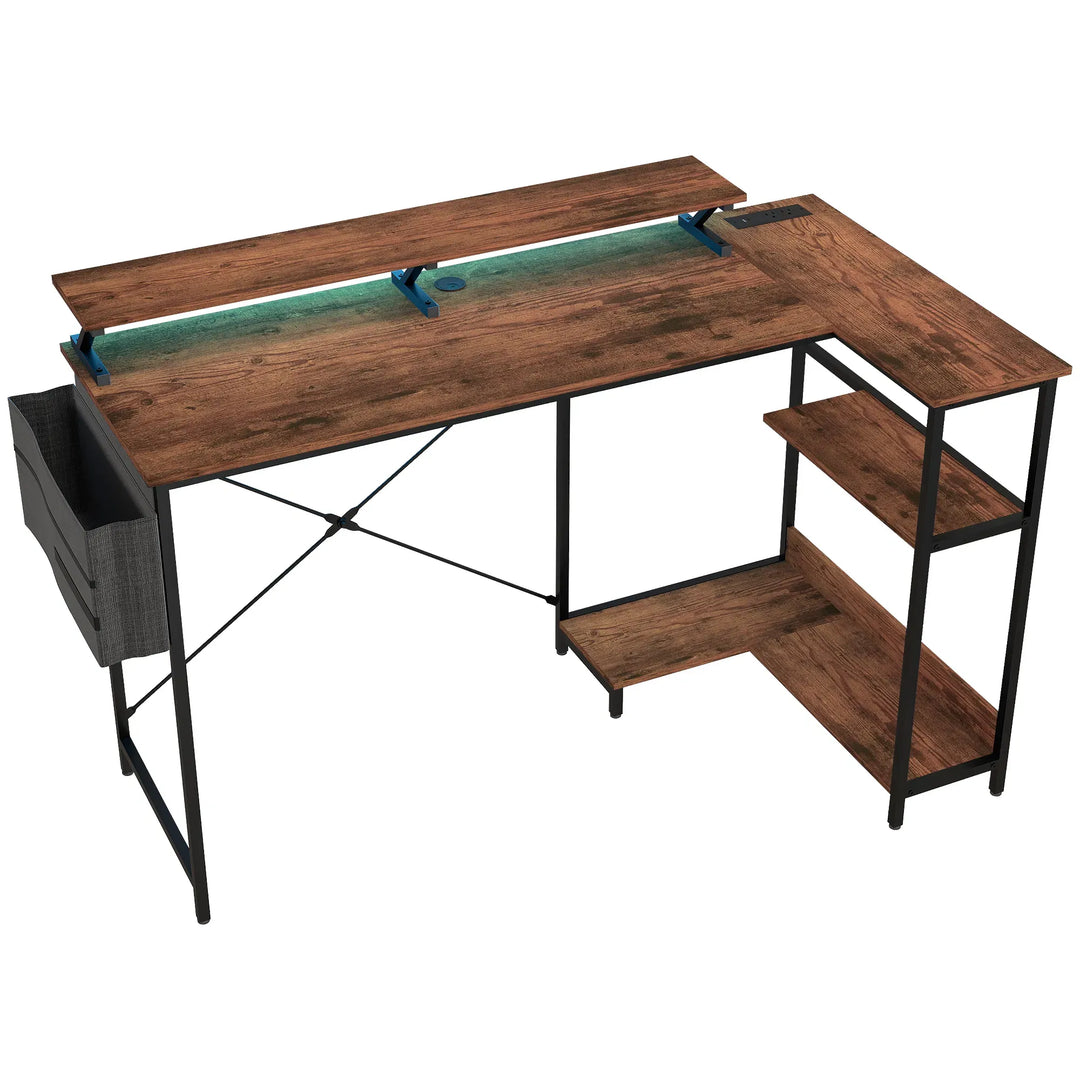 HOMCOM 58" Reversible L Shaped Computer Desk, Corner Desk with Monitor Stand, Power Outlets and LED Lights, Rustic Brown