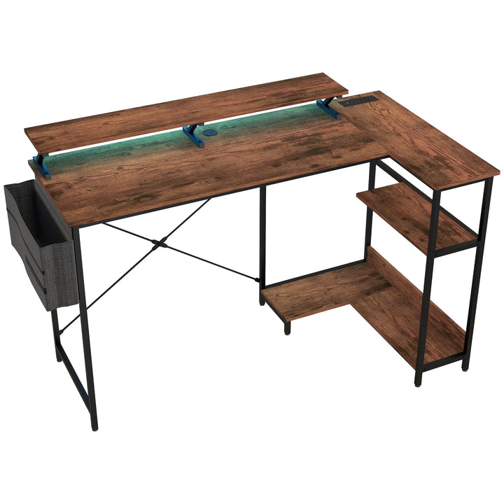 HOMCOM 58" Reversible L Shaped Computer Desk, Corner Desk with Monitor Stand, Power Outlets and LED Lights, Rustic Brown