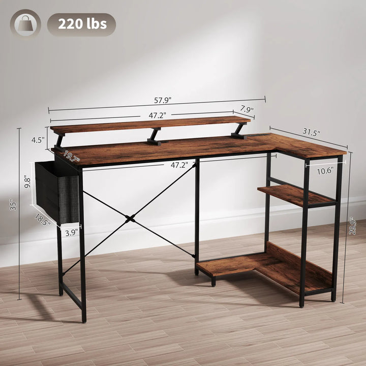 HOMCOM 58" Reversible L Shaped Computer Desk, Corner Desk with Monitor Stand, Power Outlets and LED Lights, Rustic Brown