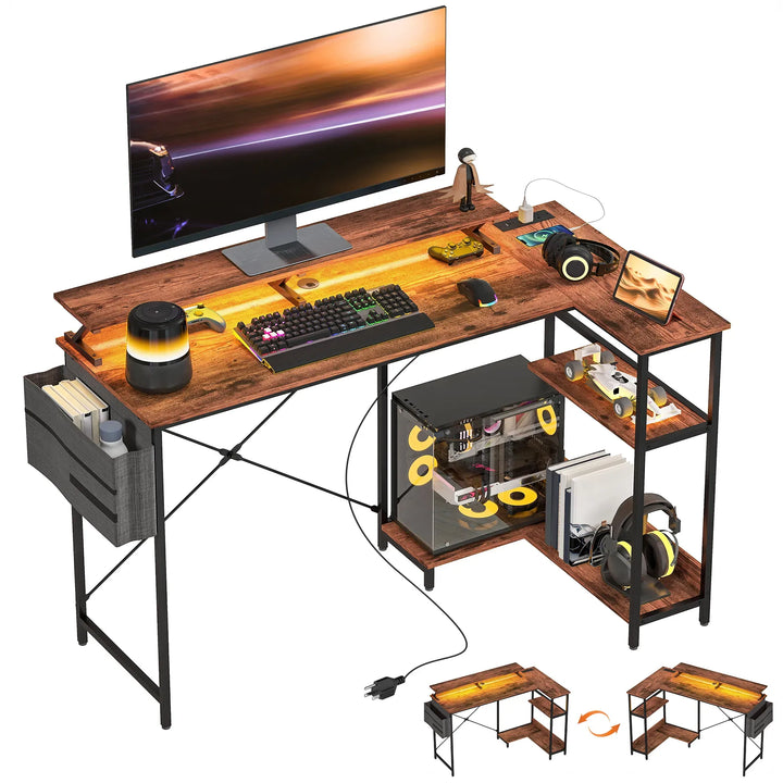 HOMCOM 58" Reversible L Shaped Computer Desk, Corner Desk with Monitor Stand, Power Outlets and LED Lights, Rustic Brown