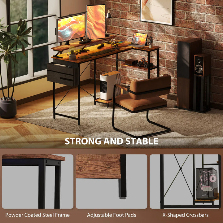 HOMCOM 58" Reversible L Shaped Computer Desk, Corner Desk with Monitor Stand, Power Outlets and LED Lights, Rustic Brown