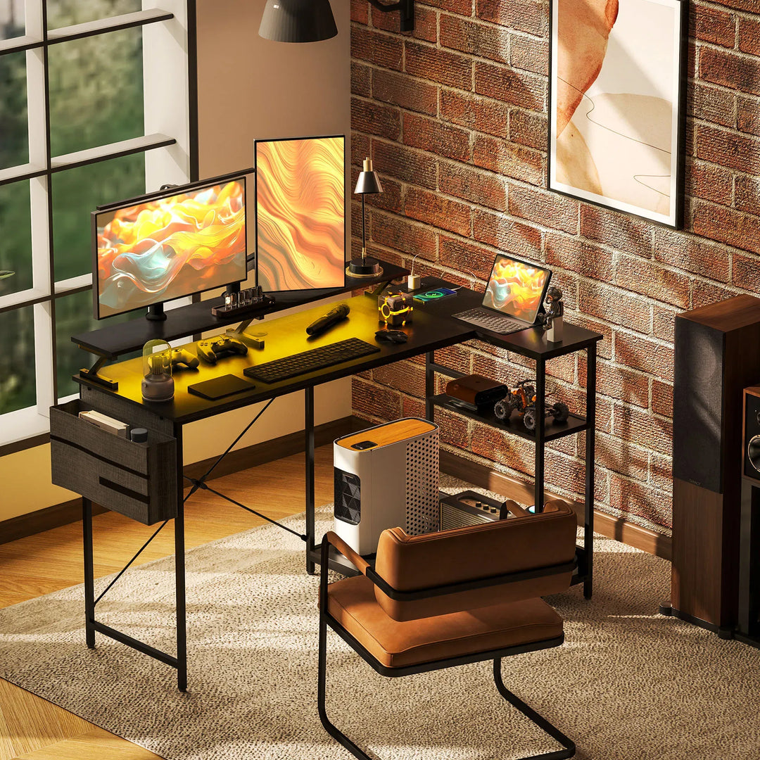 HOMCOM 58" Reversible L Shaped Computer Desk, Corner Desk with Monitor Stand, Power Outlets and LED Lights, Black