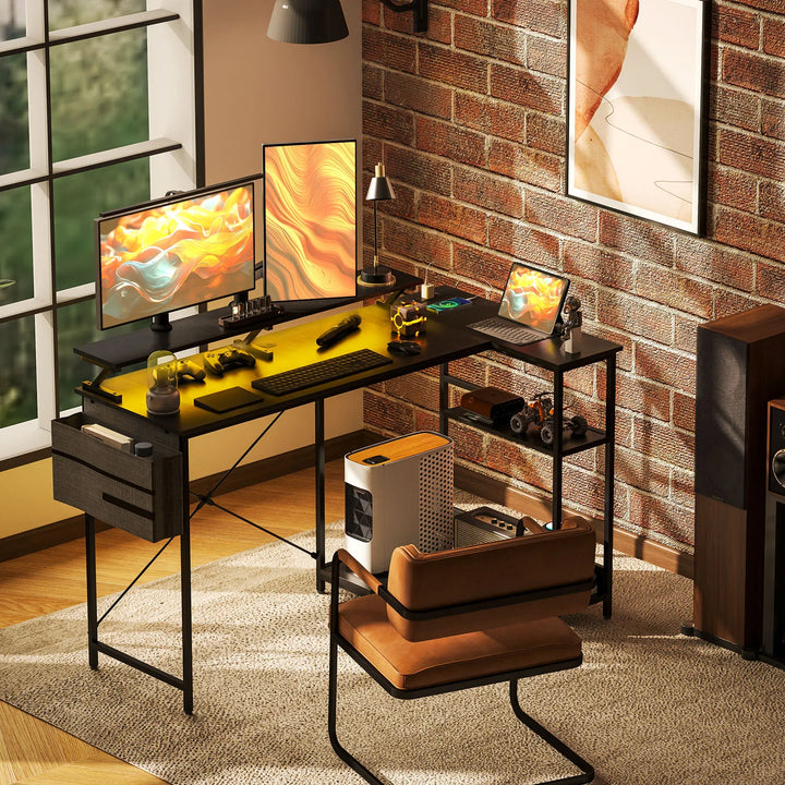 HOMCOM 58" Reversible L Shaped Computer Desk, Corner Desk with Monitor Stand, Power Outlets and LED Lights, Black