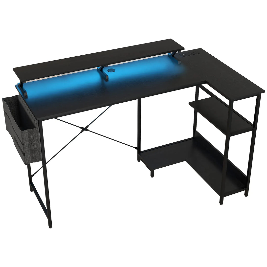 HOMCOM 58" Reversible L Shaped Computer Desk, Corner Desk with Monitor Stand, Power Outlets and LED Lights, Black