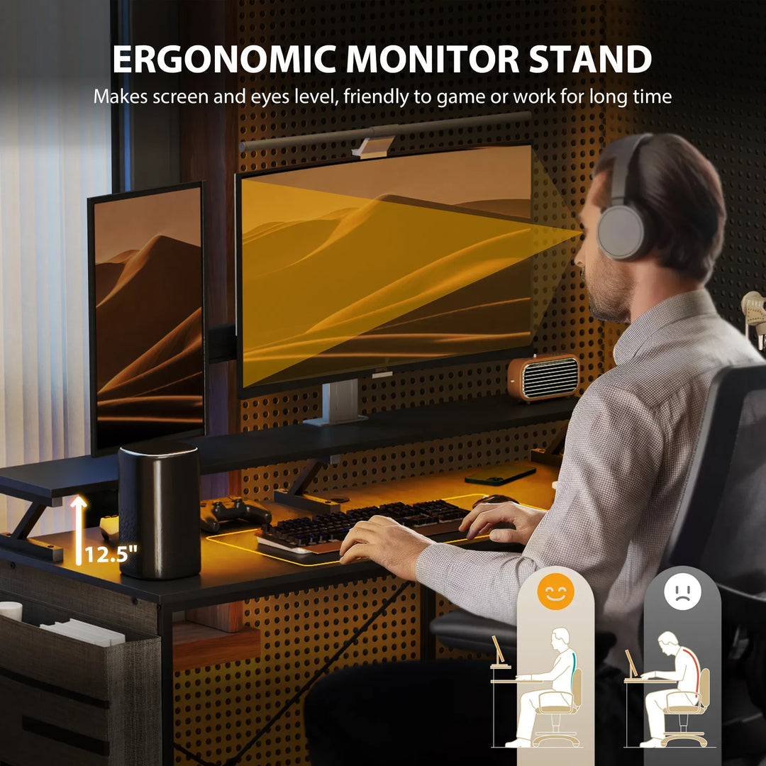 HOMCOM 58" Reversible L Shaped Computer Desk, Corner Desk with Monitor Stand, Power Outlets and LED Lights, Black