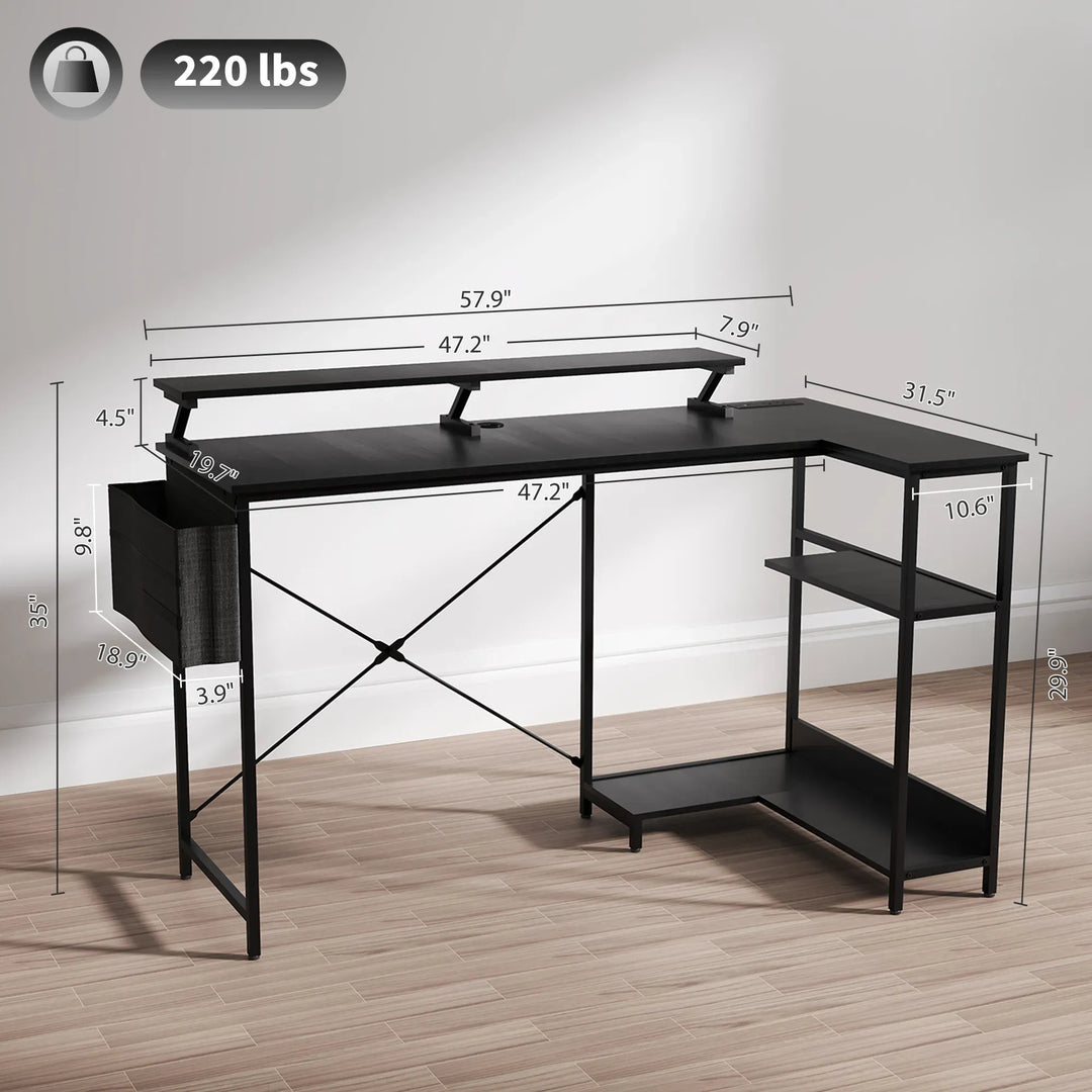 HOMCOM 58" Reversible L Shaped Computer Desk, Corner Desk with Monitor Stand, Power Outlets and LED Lights, Black