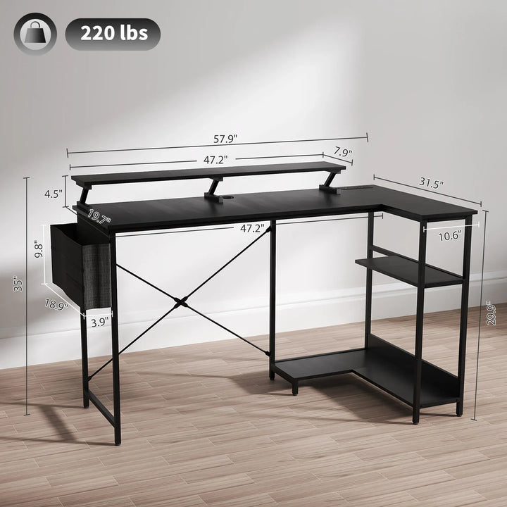 HOMCOM 58" Reversible L Shaped Computer Desk, Corner Desk with Monitor Stand, Power Outlets and LED Lights, Black